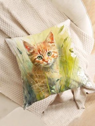 1入貓圖案印花坐墊套,現代款式枕套（不含枕芯）,適用於沙發,家居裝飾枕頭