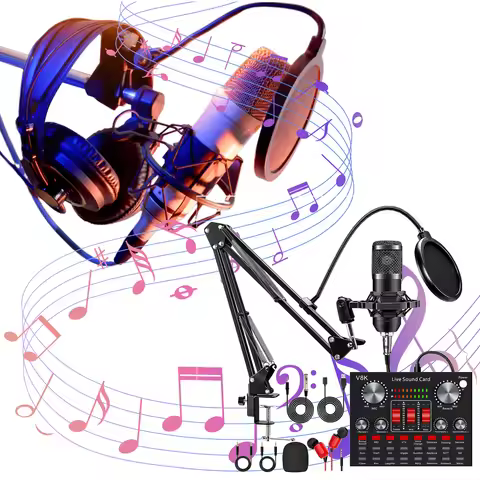 All-in-One Podcast Equipment Bundle Audio Mixer V8K Live Sound Card with BM800 Microphone for Podcas