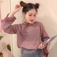 ** (A-74125) Simple Striped Ripped Edge Round Neck Loose Slimmer Look Long Sleeve Top