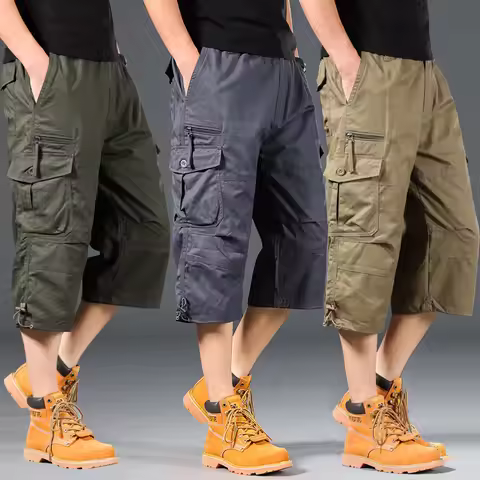 Summer Men's Cargo Shorts Loose Casual Below Knee Pants Elastic Waist Plus Size Outdoor Jogging Tact