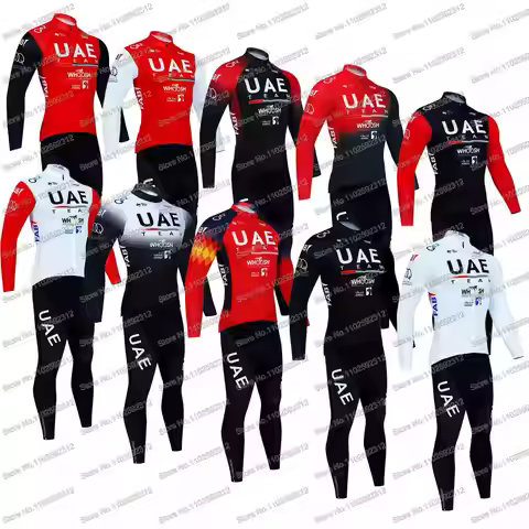 UAE Team Cycling Jersey Long Sleeve Set Mens UAE Whoosh Bicycle Clothing Suit Black White Red Pro Te