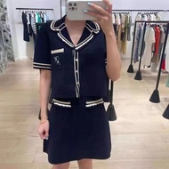 F3F3 sandro Early Autumn New Color Block Design polo Single-breasted Knitted Top+Skirt