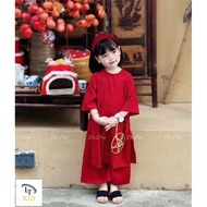 Ao dai CNY for girls, red damask ao dai with silk pants and hair accessories