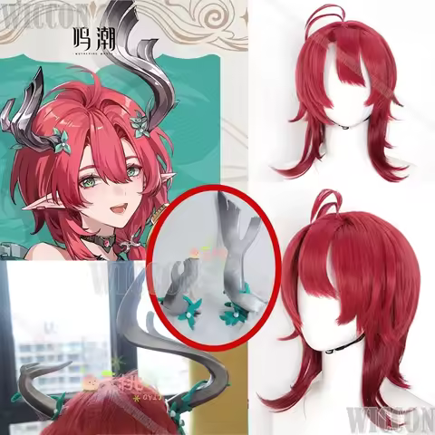 ‌CIACCONA Game Wuthering Waves Cosplay Wig Prop Red Short Hair Silver Horn Headwear Cute Girl Women 