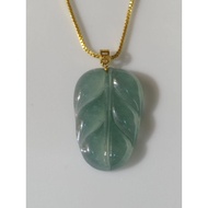 #J643 100% Natural Type A Icy Jade Jadeite Leaf Pendant Real 18K Gold H22.8m (FreeNecklaceChain)