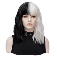 Fancy Wig Black-White CRUELLA Devil Cosplay Half White Black Short Wavy