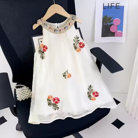 Summer Girls Casual Sleeveless O-Neck Floral Embroidery Halter Dress 1 Pc 2-7 Years Kids Fashion Cut