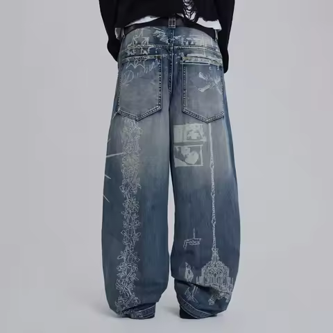 Y2K Baggy Blue Jeans New Original Art Angel Digital Printing Straight Leg Pants Retro Hip Hop High S