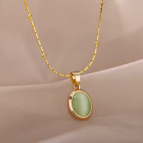 Fashion Stone Opal Oval Necklace For Women Stainless Steel Gold Color Oval Stone Pendant Necklace We