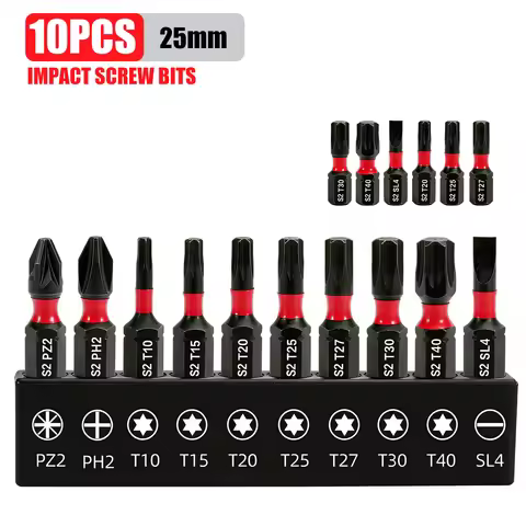 10-Piece Set of S2 Steel Multifunctional Impact Bits 25mm Phillips / Torx / Hex / Flathead Strong Ma
