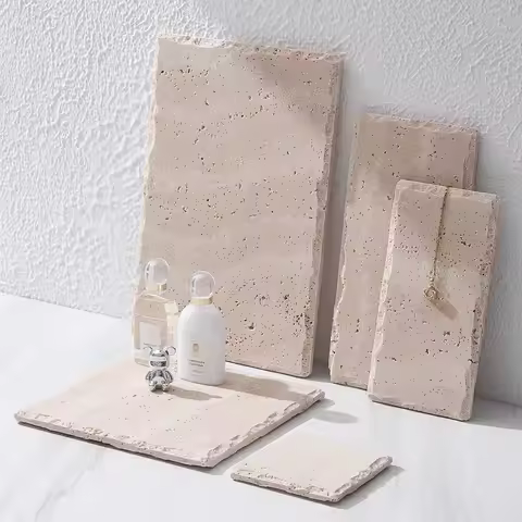 Hand-Carved Weathering Edge Stone Vanity Tray Natural Eroded Texture Quadrilateral Coaster Set, FOR