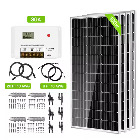 HQST 400 Watt 12/24 Volt 9BB Cell RV Solar Panel Kit w/ 30 Amp PWM Charge Controller, Adaptor Kit, T
