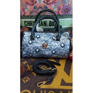 Used Mcm Pillow Bag Printed Woven Fabric With Gray Leather.