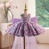 Girl, purple sequin princess, dressed in wedding flowers, formal dress, gorgeous and elegant Christm