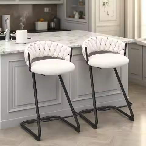 Bar Stools Set of 2, 24 inch Counter Height Barstools with Woven Back & Velvet Fabric, Counter Stool