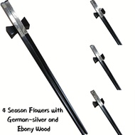 4 Season-Flowers with German-silver design | Ebony Wood Chopsticks and Holders Dining Set