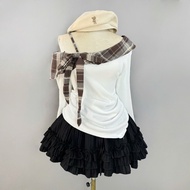 Big Size Women's Off-the-Shoulder Blouse with Checkered Bow and Flared Floor Skirt, Concealer 55-92k