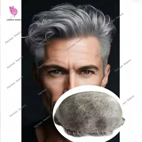 Grey 1B80 1B40 1B50 1B65 30mm Wavy Human Hair Man Toupee for Hairloss Scalloped Hairline Natural Hai