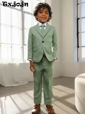 Mint Green Kids Slim Fit Suit 3 Pieces Performance Wear Boys Classic Notched Lapel Suit Set Wedding 