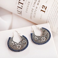 Retro Hollow Carved Round Pierced Earring Womens Jewellery Ethnic Silver Plated Flower Rope Wrapped 