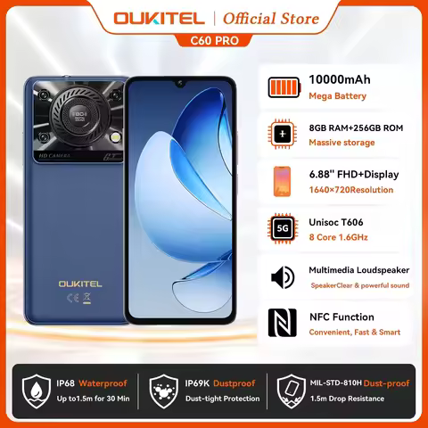 Oukitel C60 PRO Smartphone 10000mAh Battery 24GB+256GB 6.88'HD 90Hz Android 15 13.4nm 36mm Powerful 