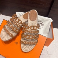 Hermes愛馬仕豬鼻草編拖 棕色38