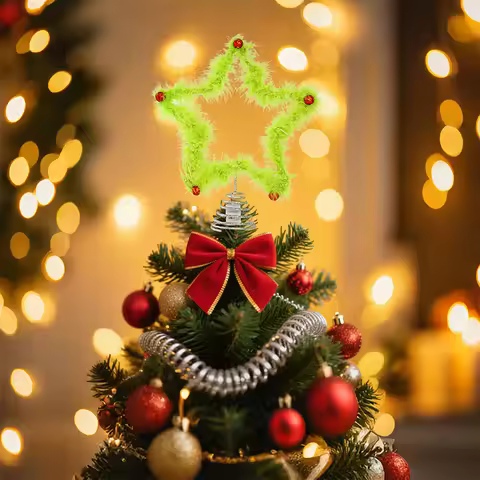 1pc Christmas Fuzzy Grinch Star Tree Topper Holiday Festive Creative Grinch Decoration Christmas Par