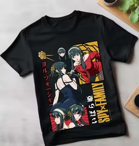 2026 New Hot Spy X Family Single Black T-shirt Forger Family Pink Text Manga Anime Print Oversized T