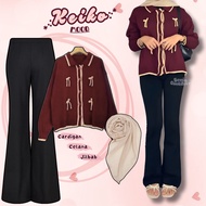 Keiko Mood 3in1 Set (Maroon Knit Cardigan with Black Cutbray Pants and Biscuit Hijab) - SC075