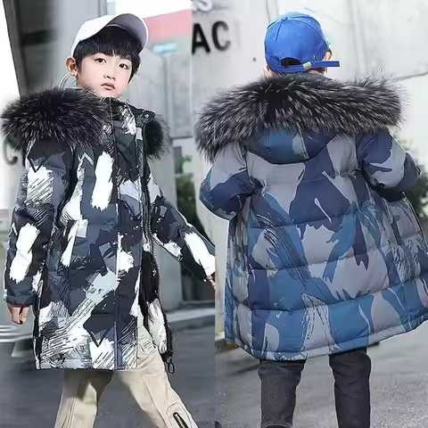 New Long Style Teen Winter Boys Jacket Camouflage Thick Warm Fur Collar Hooded Zipper Parker For 5-1