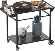 Koutemie Outdoor Grill Cart Table with 4 Wheels for Blackstone 17" or 22", Movable BBQ Food Prep Table Top, Double-Shelf Metal Pizza Oven Worktable with Spice Tray for Patio, Backyard, Black