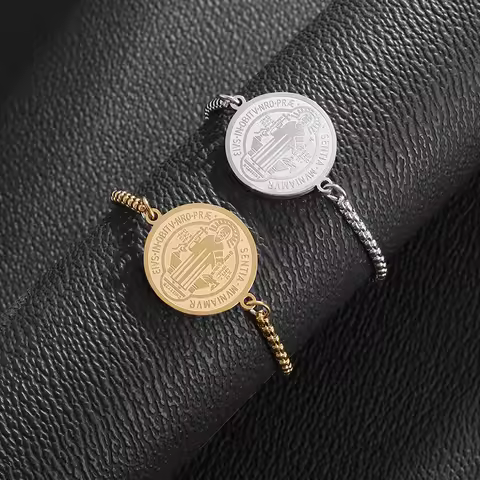 Couple High Quality Stainless Steel Cross Saint Benedict Coin Bracelet Women's Fashion Catholic Exor