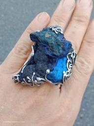 藍銅礦原礦手工銀戒 純銀戒指~ 「思念」~ Azurite Mineral Silver Ring