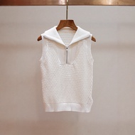 72PE Sandr00 Women's Autumn New French Casual Style Half-Zip Short Loose Hollow Knit Sweater