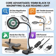 5 Times Magnifying Glass Table Lamp with Folding Clip LED Light Source 10-speed Adjustment 3-speed D