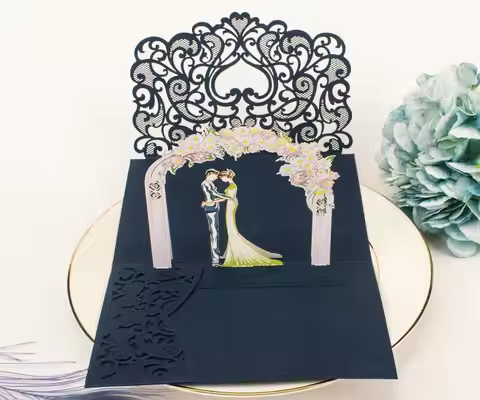 Free Shipping 1x 3D POP UP Card gold gray tri 3 Fold Pocket Wedding Invitation Card Laser cut Invite