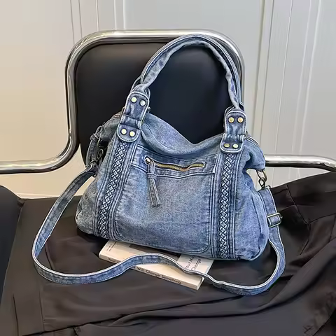 Luxury Designer Jeans Bag Women Punk Style Motorcycle Shoulder Bag 2026 New Casual Denim Handbag Por