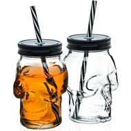 ☇✸Skull Glass Mason Jar Mug Tumbler Cup With Lids And Straw Skull Face Glass Wide Mouth Mason Jar Dr