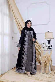 baju gamis batik wanita terbaru kombinasi polos jumbo modern kekinian - modang abu xxl