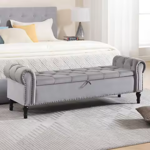 Velvet Storage Bench 67 Inch Upholstered Tufted Ottoman Bench with Arms King Size End of Bed Bench f