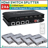 【New Upgrade】 4K 30HZ HDMI Extender 100M 2x6 HDMI Switch Splitter Transmitter 2 HDMI Input Output + 4 Channels RJ45 Ethernet Cable Extension
