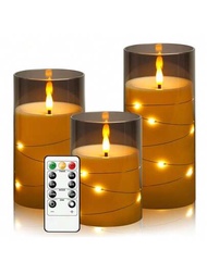 3入組led電子模擬無火蠟燭茶燈,帶遙控器燭光,適用於生日、婚禮、派對、假日、室內外創意場景裝飾燈,附遙控器（不含電池）