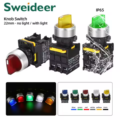 Knob Switch with LED 22mm 1NO/2NO/1NO1NC 2/3 Position Self Locking Momentary Select Rotary Switch wi