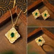 Italy Pilates Craft Ring Retro Imitation Panzer Hill Emerald Necklace Earrings Jewelry Set pulasi01.