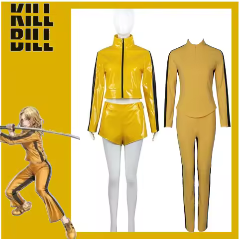 Movie Kill Bill Bride Cosplay Costume Yellow Sporty Leotard Overcoat Pants Long Short 2 Styles Casua