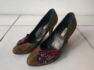【米倉】(已手持)二手名牌PRADA精品女鞋義大利製格紋布面包鞋跟鞋vintage復古古著尖頭高跟鞋水鑽寶石