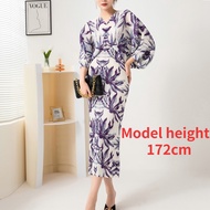 High-end pleated print batwing sleeve plus size dresses Muslimah new fashion temperament stretch lon