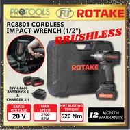 ROTAKE 20V RC8803 / RC8801 BRUSHLESS CORDLESS IMPACT WRENCH 1/2" C/W 2 BATTERY & 1 CHARGER