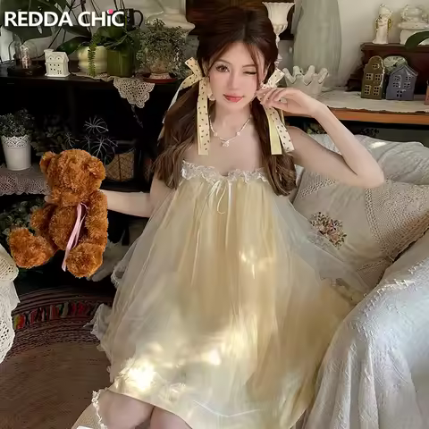 REDDACHiC Babydoll Mini Dress Women Coquette Lace Stitch Flowy Ruffle Bow Bandage Spaghetti Strap Su