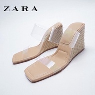 Zara's autumn women's shoes transparent square head all-match wedge sandals hemp strip bottom casual mesh infrared wear slippers